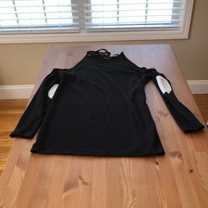 Boutique black dress with white elbow patches